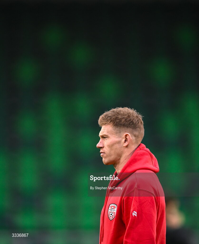31 January 2026; James McClean of Derry City before the 2026 Men's President's Cup final match between Shamrock Rovers and Derry City at Tallaght Stadium in Dublin. Photo by Stephen McCarthy/Sportsfile