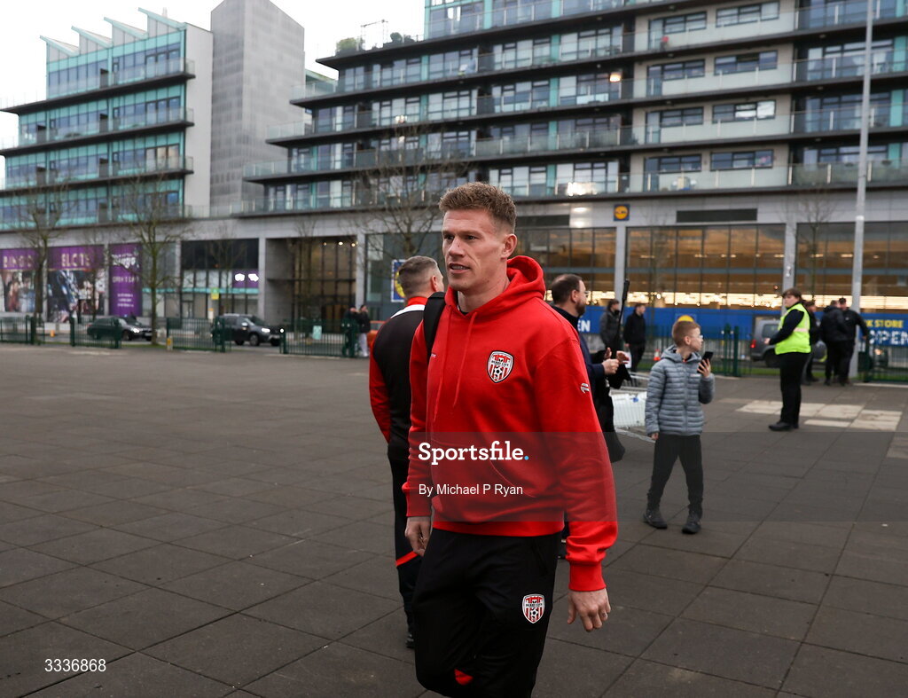 31 January 2026; James McClean of Derry City arrives before the 2026 Men's President's Cup final match between Shamrock Rovers and Derry City at Tallaght Stadium in Dublin. Photo by Michael P Ryan/Sportsfile