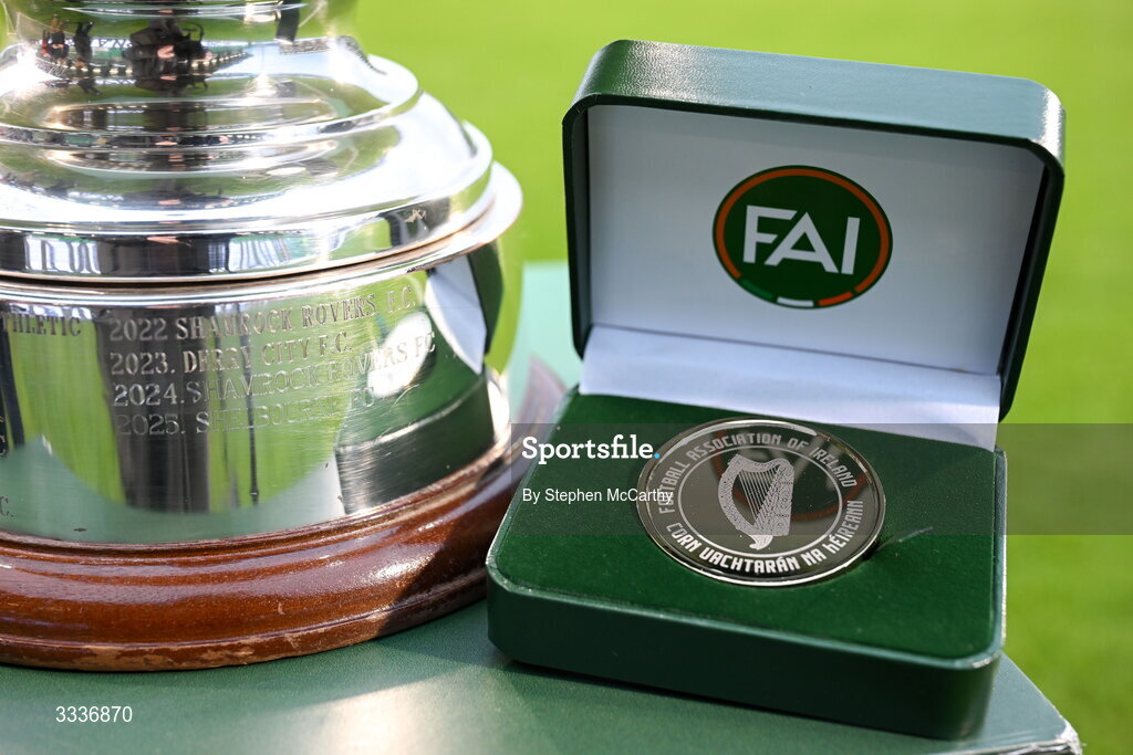 31 January 2026; A general view of the FAI President's Cup medal before the 2026 Men's President's Cup final match between Shamrock Rovers and Derry City at Tallaght Stadium in Dublin. Photo by Stephen McCarthy/Sportsfile