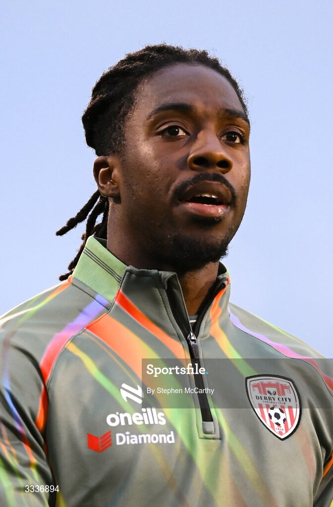 31 January 2026; Kevin dos Santos of Derry City before the 2026 Men's President's Cup final match between Shamrock Rovers and Derry City at Tallaght Stadium in Dublin. Photo by Stephen McCarthy/Sportsfile