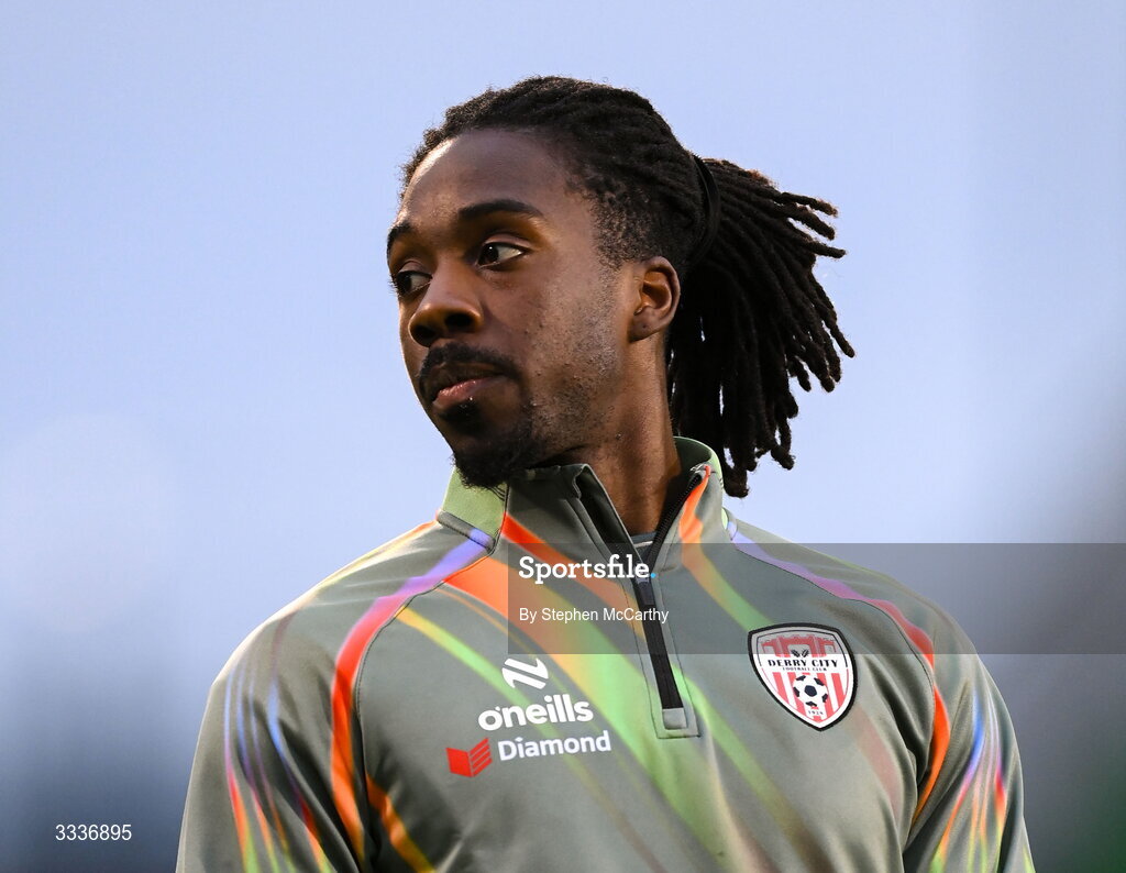 31 January 2026; Kevin dos Santos of Derry City before the 2026 Men's President's Cup final match between Shamrock Rovers and Derry City at Tallaght Stadium in Dublin. Photo by Stephen McCarthy/Sportsfile