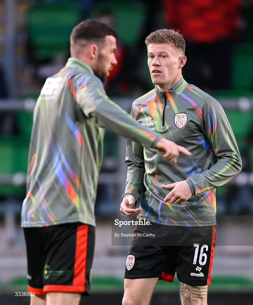 31 January 2026; James McClean, right, and Patrick McClean of Derry City before the 2026 Men's President's Cup final match between Shamrock Rovers and Derry City at Tallaght Stadium in Dublin. Photo by Stephen McCarthy/Sportsfile