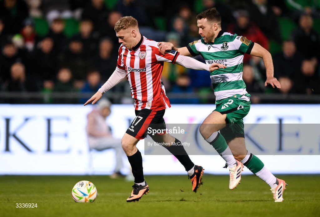 31 January 2026; Josh Thomas of Derry City in action against Adam Matthews of Shamrock Rovers during the 2026 Men's President's Cup final match between Shamrock Rovers and Derry City at Tallaght Stadium in Dublin. Photo by Stephen McCarthy/Sportsfile