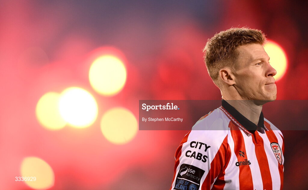 31 January 2026; James McClean of Derry City before the 2026 Men's President's Cup final match between Shamrock Rovers and Derry City at Tallaght Stadium in Dublin. Photo by Stephen McCarthy/Sportsfile