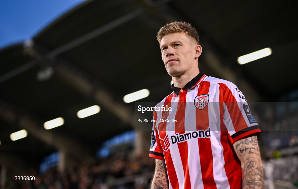 31 January 2026; James McClean of Derry City before the 2026 Men's President's Cup final match between Shamrock Rovers and Derry City at Tallaght Stadium in Dublin. Photo by Stephen McCarthy/Sportsfile