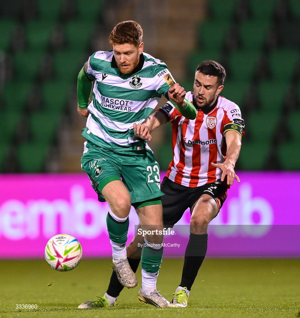 31 January 2026; Connor Malley of Shamrock Rovers in action against Michael Duffy of Derry City during the 2026 Men's President's Cup final match between Shamrock Rovers and Derry City at Tallaght Stadium in Dublin. Photo by Stephen McCarthy/Sportsfile