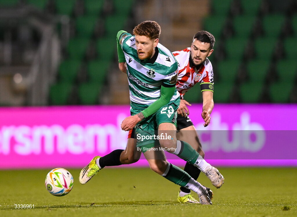 31 January 2026; Connor Malley of Shamrock Rovers in action against Michael Duffy of Derry City during the 2026 Men's President's Cup final match between Shamrock Rovers and Derry City at Tallaght Stadium in Dublin. Photo by Stephen McCarthy/Sportsfile