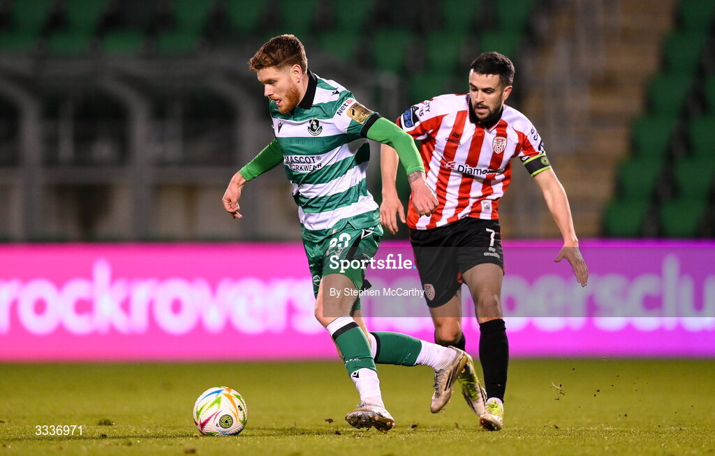 31 January 2026; Connor Malley of Shamrock Rovers in action against Michael Duffy of Derry City during the 2026 Men's President's Cup final match between Shamrock Rovers and Derry City at Tallaght Stadium in Dublin. Photo by Stephen McCarthy/Sportsfile