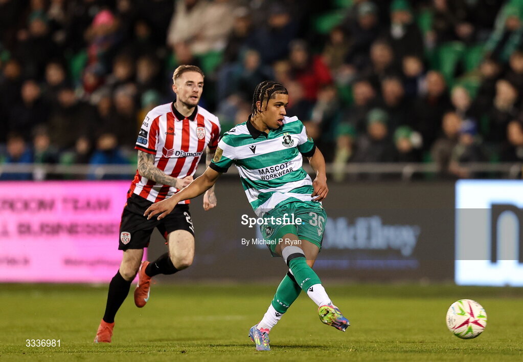31 January 2026; Victor Ozhianvuna of Shamrock Rovers in action against Carl Winchester of Derry City during the 2026 Men's President's Cup final match between Shamrock Rovers and Derry City at Tallaght Stadium in Dublin. Photo by Michael P Ryan/Sportsfile