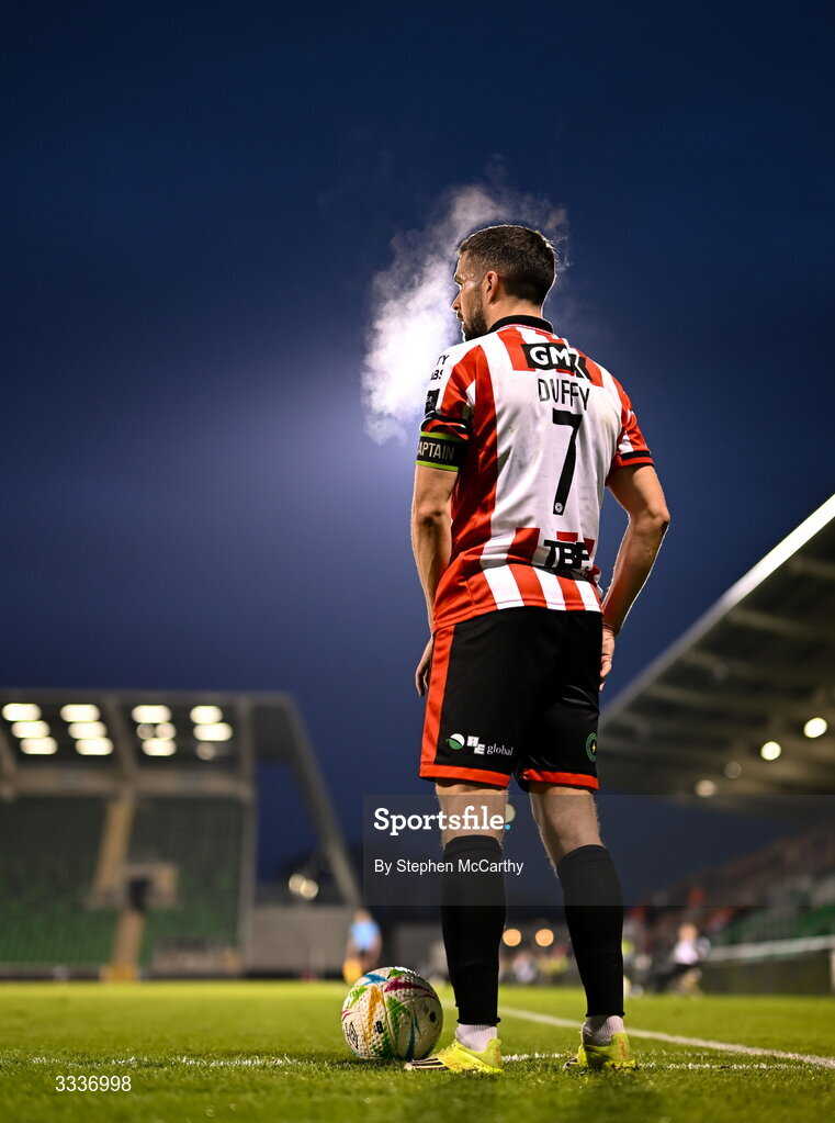 31 January 2026; Michael Duffy of Derry City during the 2026 Men's President's Cup final match between Shamrock Rovers and Derry City at Tallaght Stadium in Dublin. Photo by Stephen McCarthy/Sportsfile