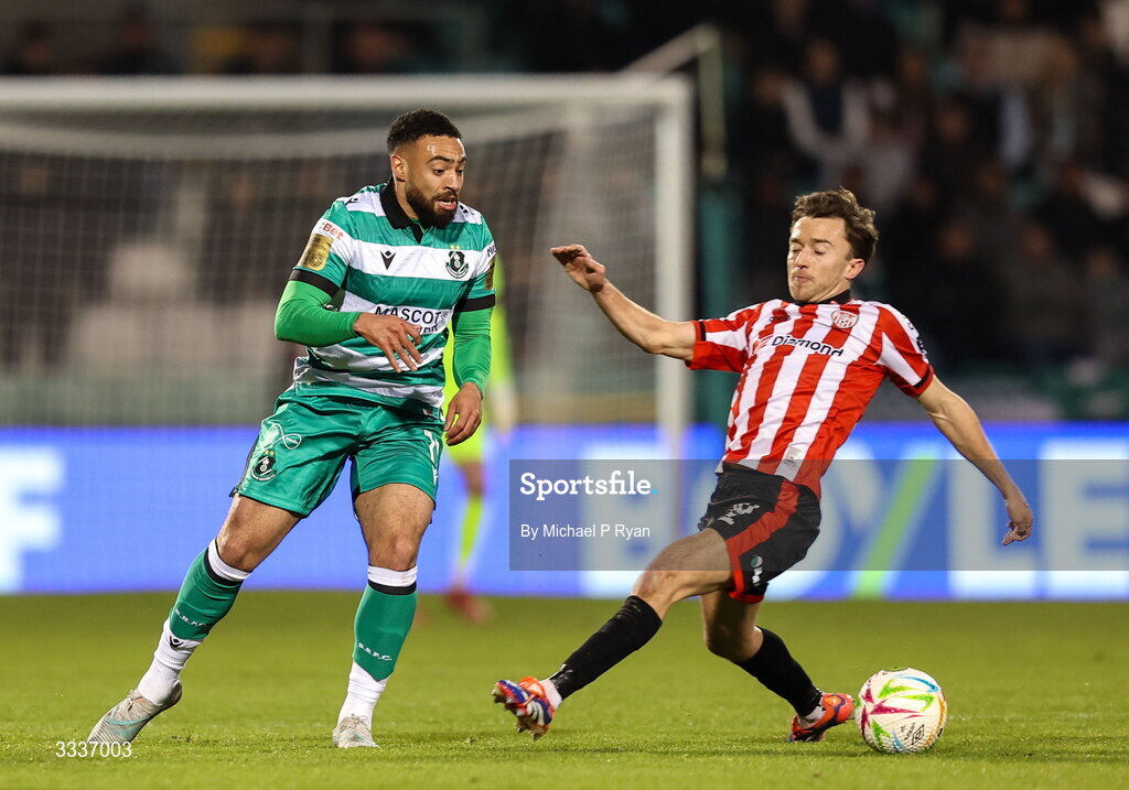 31 January 2026; Jake Mulraney of Shamrock Rovers in action against Darragh Markey of Derry City during the 2026 Men's President's Cup final match between Shamrock Rovers and Derry City at Tallaght Stadium in Dublin. Photo by Michael P Ryan/Sportsfile