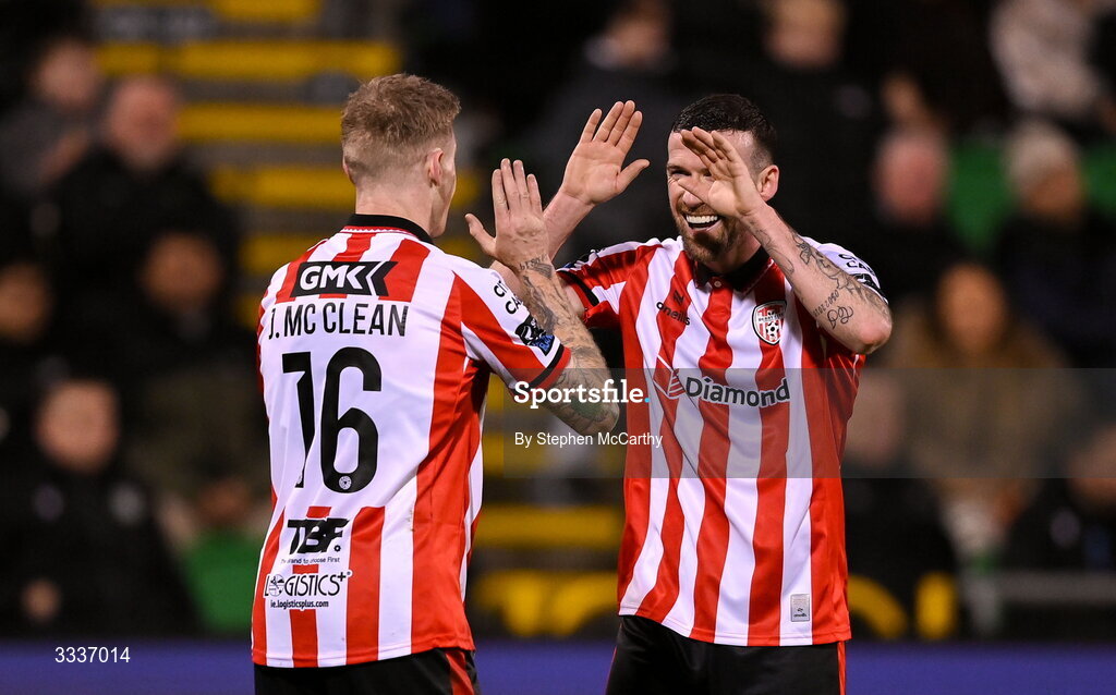 31 January 2026; Patrick McClean, right, and James McClean of Derry City celebrate after team-mate Darragh Markey scored their first goal during the 2026 Men's President's Cup final match between Shamrock Rovers and Derry City at Tallaght Stadium in Dublin. Photo by Stephen McCarthy/Sportsfile