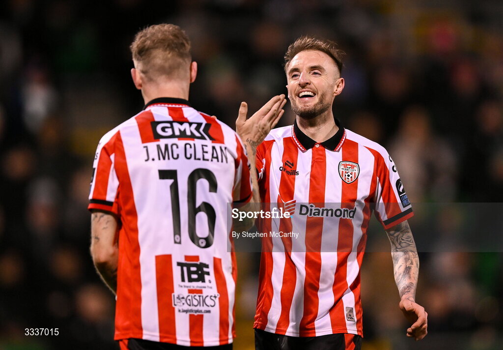 31 January 2026; Carl Winchester, right, and James McClean of Derry City celebrate after team-mate Darragh Markey scored their first goal during the 2026 Men's President's Cup final match between Shamrock Rovers and Derry City at Tallaght Stadium in Dublin. Photo by Stephen McCarthy/Sportsfile