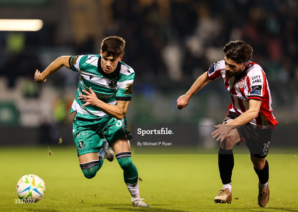 31 January 2026; Max Kovalevskis of Shamrock Rovers in action against Brandon Fleming of Derry City during the 2026 Men's President's Cup final match between Shamrock Rovers and Derry City at Tallaght Stadium in Dublin. Photo by Michael P Ryan/Sportsfile
