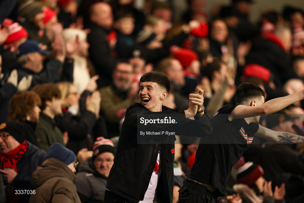 31 January 2026; Derry City supporters celebrate their sides first goal scored by Darragh Markey during the 2026 Men's President's Cup final match between Shamrock Rovers and Derry City at Tallaght Stadium in Dublin. Photo by Michael P Ryan/Sportsfile