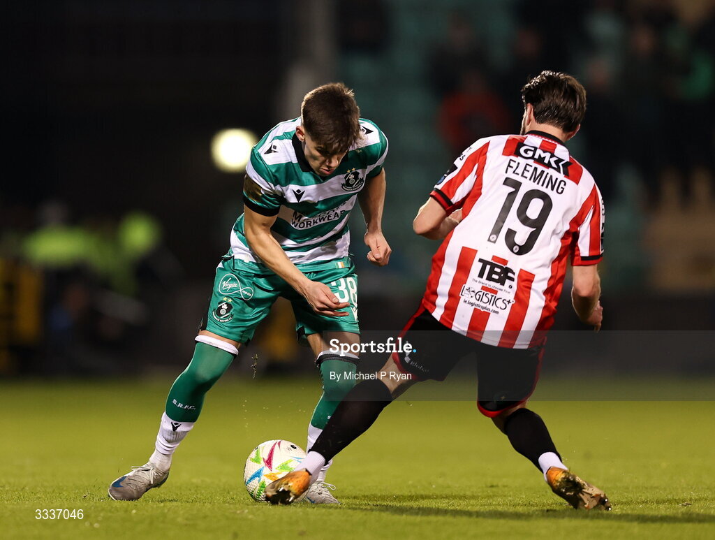 31 January 2026; Danny Burke of Shamrock Rovers in action against Brandon Fleming of Derry City during the 2026 Men's President's Cup final match between Shamrock Rovers and Derry City at Tallaght Stadium in Dublin. Photo by Michael P Ryan/Sportsfile