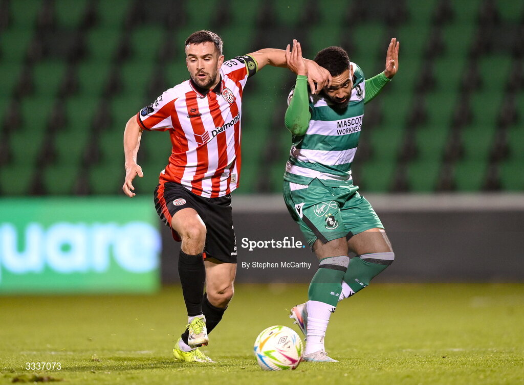 31 January 2026; Michael Duffy of Derry City in action against Jake Mulraney of Shamrock Rovers during the 2026 Men's President's Cup final match between Shamrock Rovers and Derry City at Tallaght Stadium in Dublin. Photo by Stephen McCarthy/Sportsfile