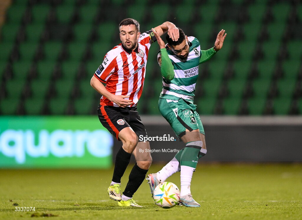 31 January 2026; Michael Duffy of Derry City in action against Jake Mulraney of Shamrock Rovers during the 2026 Men's President's Cup final match between Shamrock Rovers and Derry City at Tallaght Stadium in Dublin. Photo by Stephen McCarthy/Sportsfile