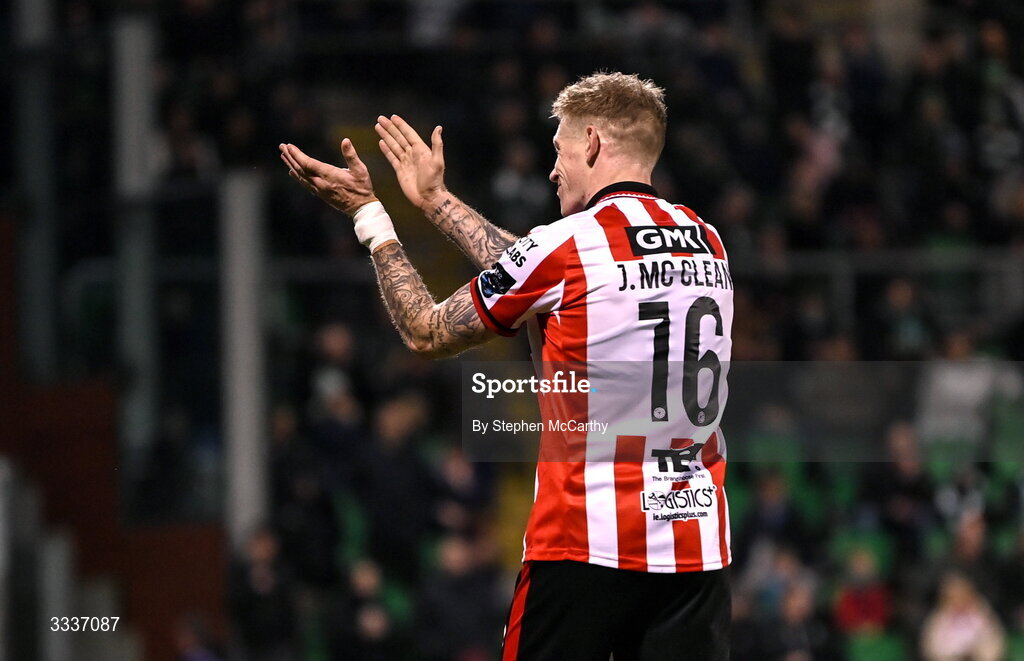 31 January 2026; James McClean of Derry City celebrates infront of the Shamrock Rovers supporters after team-mate Darragh Markey scored their first goal during the 2026 Men's President's Cup final match between Shamrock Rovers and Derry City at Tallaght Stadium in Dublin. Photo by Stephen McCarthy/Sportsfile