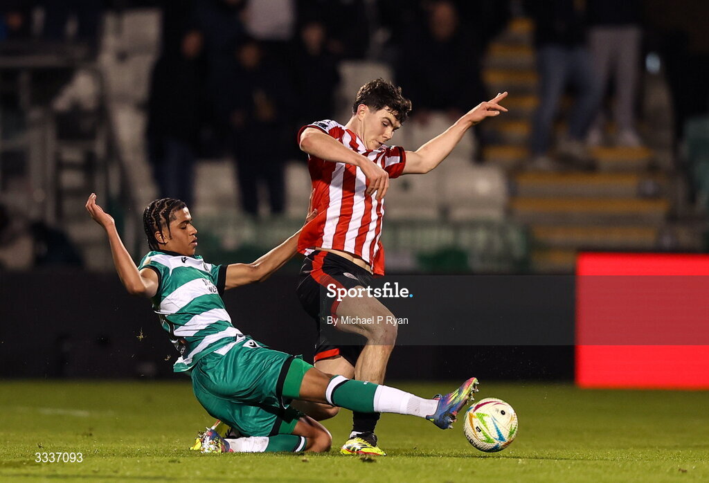 31 January 2026; James Clarke of Derry City is tackled by Victor Ozhianvuna of Shamrock Rovers during the 2026 Men's President's Cup final match between Shamrock Rovers and Derry City at Tallaght Stadium in Dublin. Photo by Michael P Ryan/Sportsfile