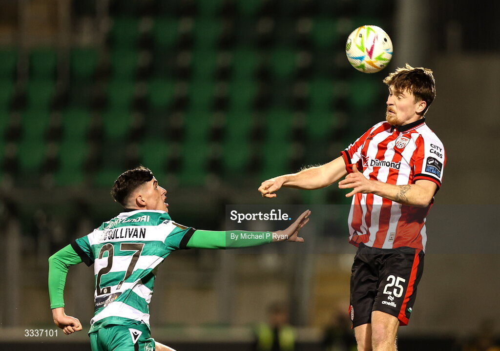 31 January 2026; Alex Bannon of Derry City in action against Cory O'Sullivan of Shamrock Rovers during the 2026 Men's President's Cup final match between Shamrock Rovers and Derry City at Tallaght Stadium in Dublin. Photo by Michael P Ryan/Sportsfile