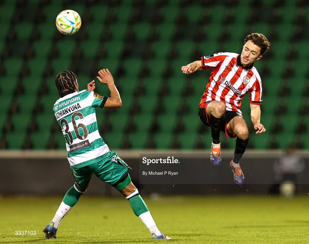 31 January 2026; Darragh Markey of Derry City in action against Victor Ozhianvuna of Shamrock Rovers during the 2026 Men's President's Cup final match between Shamrock Rovers and Derry City at Tallaght Stadium in Dublin. Photo by Michael P Ryan/Sportsfile
