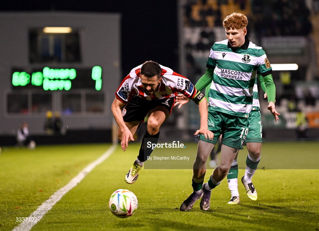 31 January 2026; Michael Duffy of Derry City in action against Adam Brennan of Shamrock Rovers during the 2026 Men's President's Cup final match between Shamrock Rovers and Derry City at Tallaght Stadium in Dublin. Photo by Stephen McCarthy/Sportsfile