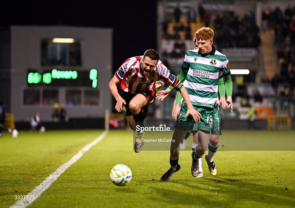 31 January 2026; Michael Duffy of Derry City in action against Adam Brennan of Shamrock Rovers during the 2026 Men's President's Cup final match between Shamrock Rovers and Derry City at Tallaght Stadium in Dublin. Photo by Stephen McCarthy/Sportsfile