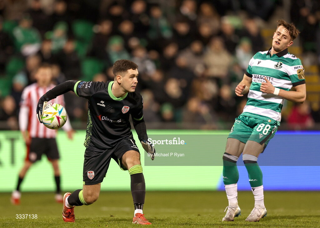 31 January 2026; Derry City goalkeeper Brian Maher during the 2026 Men's President's Cup final match between Shamrock Rovers and Derry City at Tallaght Stadium in Dublin. Photo by Michael P Ryan/Sportsfile