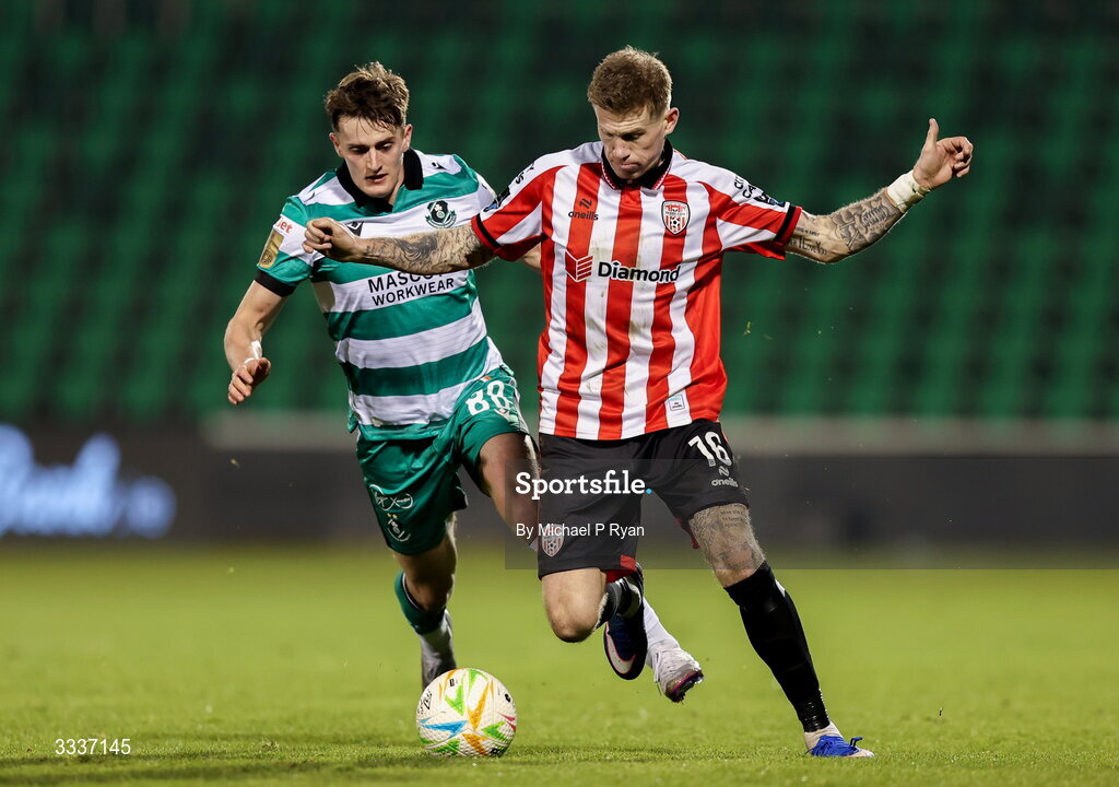 31 January 2026; James McClean of Derry City in action against John McGovern of Shamrock Rovers during the 2026 Men's President's Cup final match between Shamrock Rovers and Derry City at Tallaght Stadium in Dublin. Photo by Michael P Ryan/Sportsfile