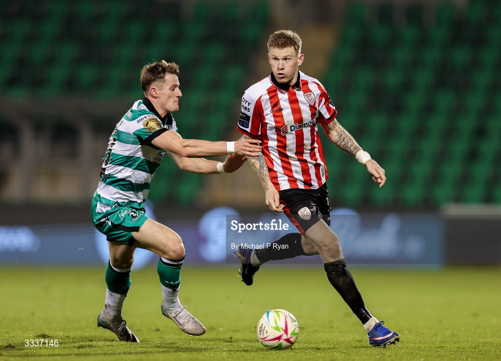 31 January 2026; James McClean of Derry City in action against John McGovern of Shamrock Rovers during the 2026 Men's President's Cup final match between Shamrock Rovers and Derry City at Tallaght Stadium in Dublin. Photo by Michael P Ryan/Sportsfile