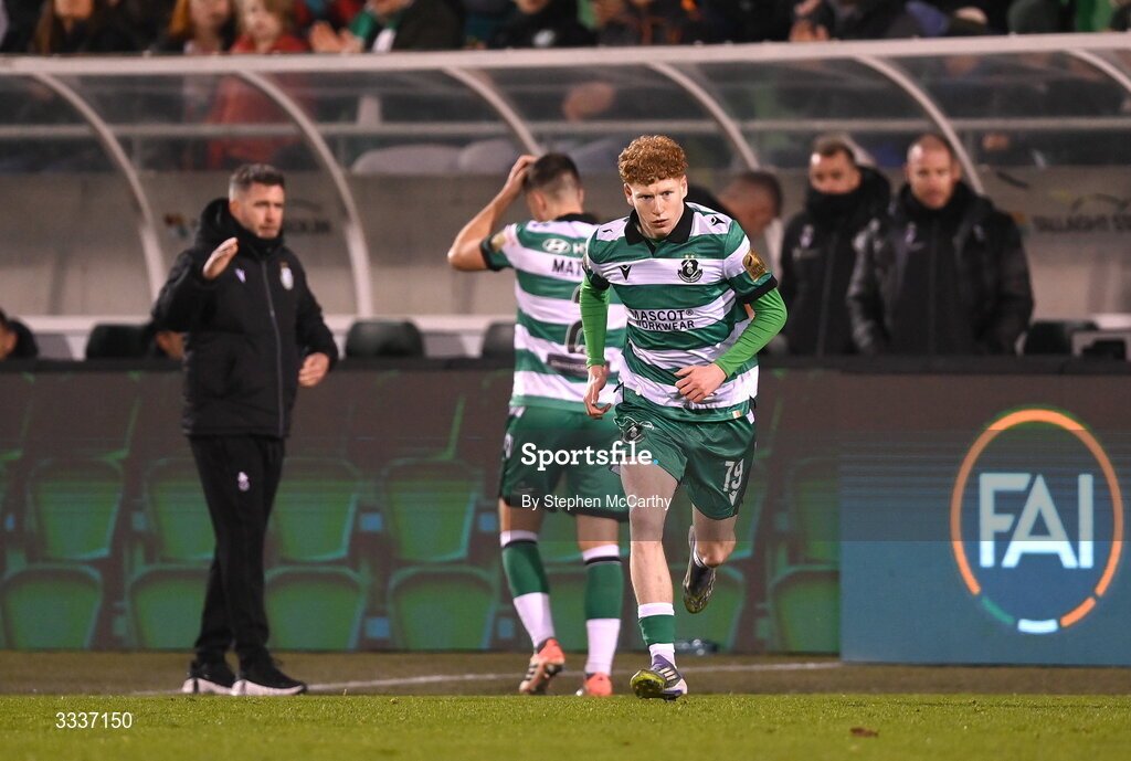 31 January 2026; Adam Brennan of Shamrock Rovers comes onto the pitch during a second half substitution during the 2026 Men's President's Cup final match between Shamrock Rovers and Derry City at Tallaght Stadium in Dublin. Photo by Stephen McCarthy/Sportsfile