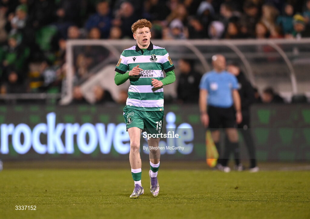 31 January 2026; Adam Brennan of Shamrock Rovers comes onto the pitch during a second half substitution during the 2026 Men's President's Cup final match between Shamrock Rovers and Derry City at Tallaght Stadium in Dublin. Photo by Stephen McCarthy/Sportsfile