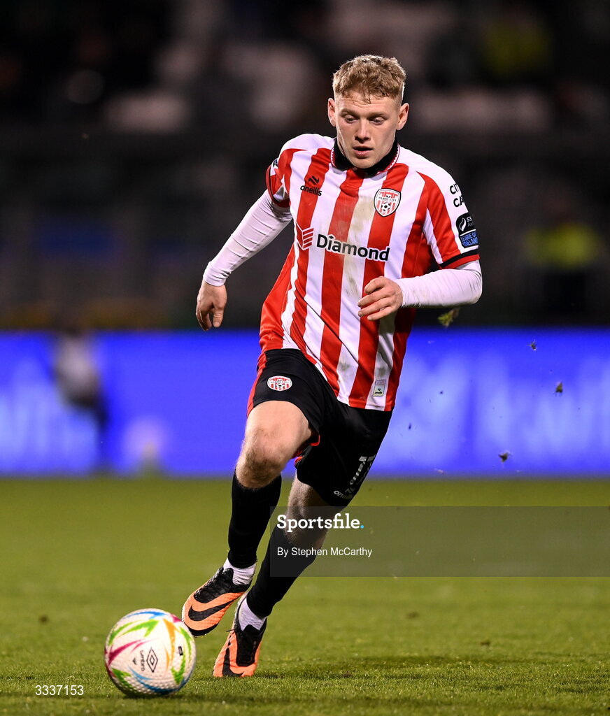31 January 2026; Josh Thomas of Derry City during the 2026 Men's President's Cup final match between Shamrock Rovers and Derry City at Tallaght Stadium in Dublin. Photo by Stephen McCarthy/Sportsfile