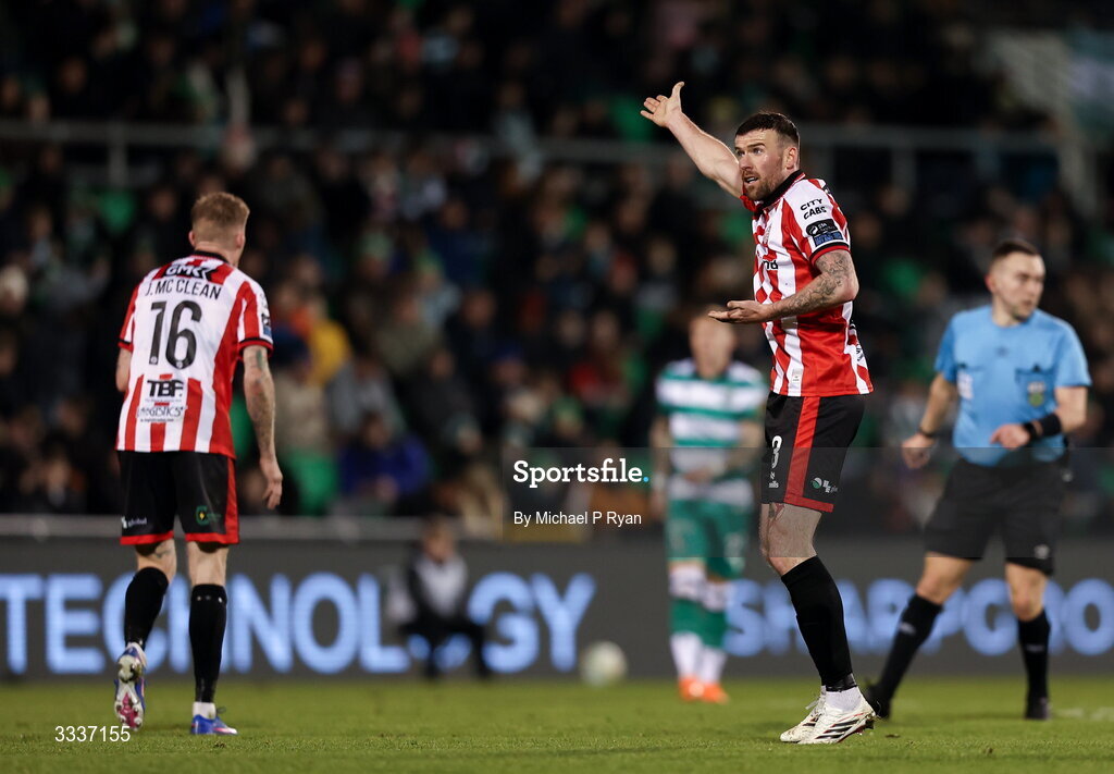 31 January 2026; Patrick McClean of Derry City during the 2026 Men's President's Cup final match between Shamrock Rovers and Derry City at Tallaght Stadium in Dublin. Photo by Michael P Ryan/Sportsfile