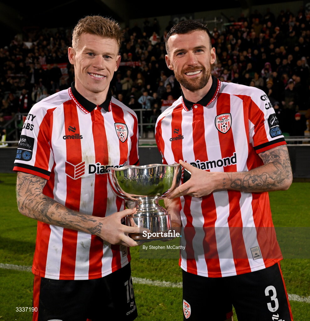31 January 2026; James McClean, left, and Patrick McClean of Derry City pose with the FAI President's Cup after victory in the 2026 Men's President's Cup final match between Shamrock Rovers and Derry City at Tallaght Stadium in Dublin. Photo by Stephen McCarthy/Sportsfile