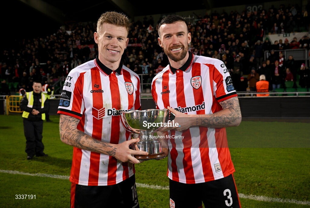 31 January 2026; James McClean, left, and Patrick McClean of Derry City pose with the FAI President's Cup after victory in the 2026 Men's President's Cup final match between Shamrock Rovers and Derry City at Tallaght Stadium in Dublin. Photo by Stephen McCarthy/Sportsfile