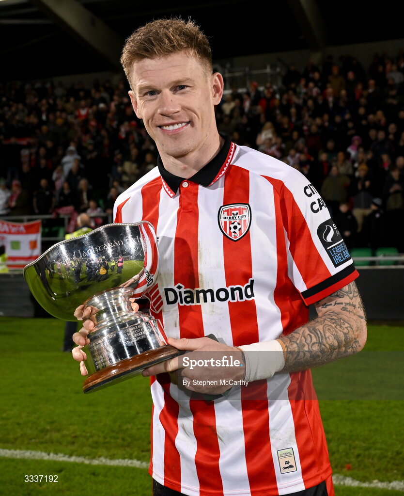 31 January 2026; James McClean of Derry City poses with the FAI President's Cup after victory in the 2026 Men's President's Cup final match between Shamrock Rovers and Derry City at Tallaght Stadium in Dublin. Photo by Stephen McCarthy/Sportsfile
