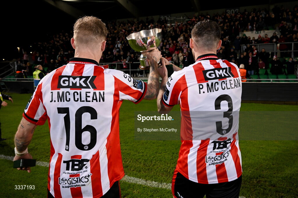 31 January 2026; James McClean, left, and Patrick McClean of Derry City pose with the FAI President's Cup after victory in the 2026 Men's President's Cup final match between Shamrock Rovers and Derry City at Tallaght Stadium in Dublin. Photo by Stephen McCarthy/Sportsfile