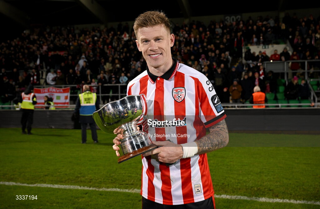 31 January 2026; James McClean of Derry City poses with the FAI President's Cup after victory in the 2026 Men's President's Cup final match between Shamrock Rovers and Derry City at Tallaght Stadium in Dublin. Photo by Stephen McCarthy/Sportsfile