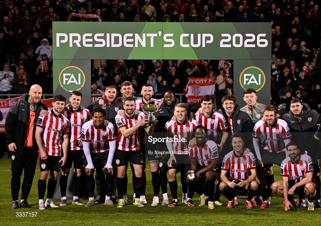 31 January 2026; Derry City captain Michael Duffy and team-mates celebrate with the FAI President's Cup after the 2026 Men's President's Cup final match between Shamrock Rovers and Derry City at Tallaght Stadium in Dublin. Photo by Stephen McCarthy/Sportsfile