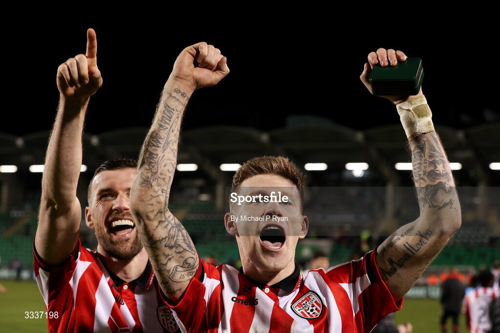 31 January 2026; Derry City players, Patrick McClean, left, and James McClean celebrate after the 2026 Men's President's Cup final match between Shamrock Rovers and Derry City at Tallaght Stadium in Dublin. Photo by Michael P Ryan/Sportsfile
