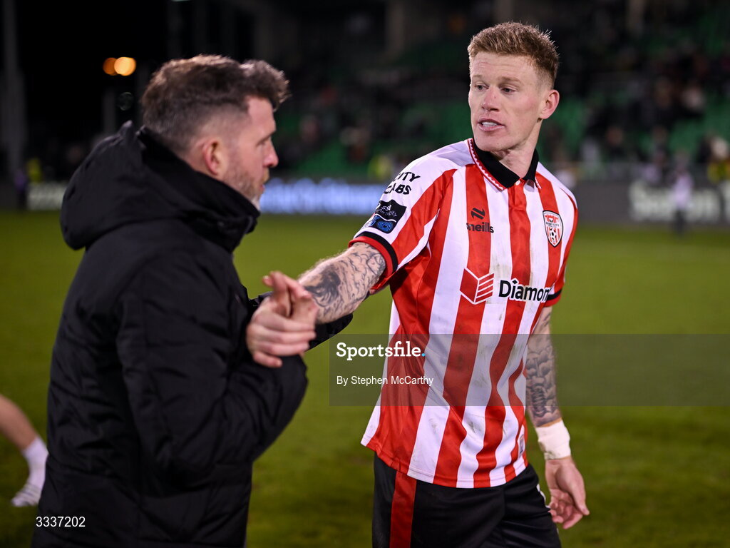31 January 2026; James McClean of Derry City and Shamrock Rovers manager Stephen Bradley after the 2026 Men's President's Cup final match between Shamrock Rovers and Derry City at Tallaght Stadium in Dublin. Photo by Stephen McCarthy/Sportsfile