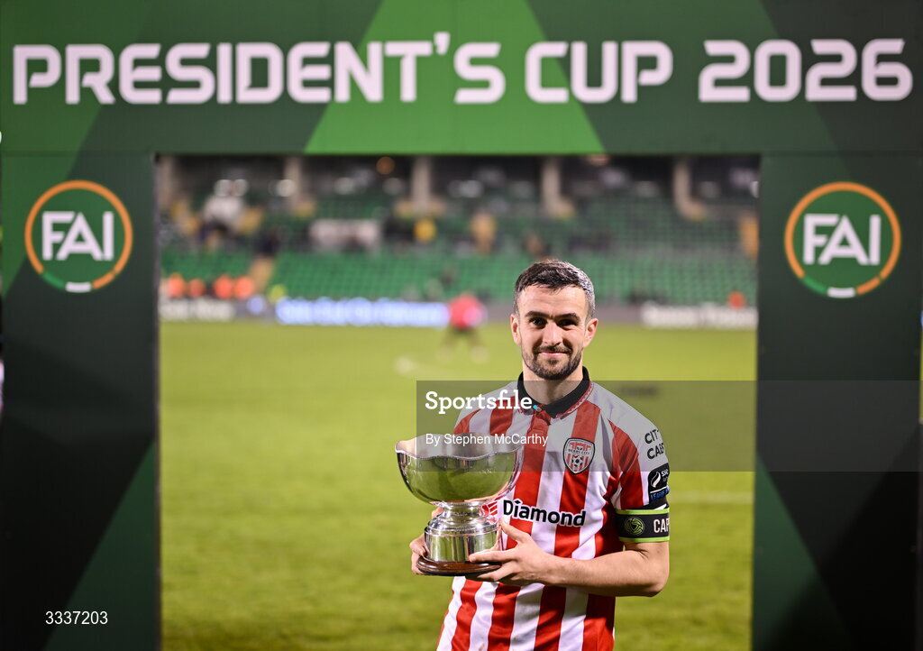 31 January 2026; Derry City captain Michael Duffy poses with the FAI President's Cup after the 2026 Men's President's Cup final match between Shamrock Rovers and Derry City at Tallaght Stadium in Dublin. Photo by Stephen McCarthy/Sportsfile