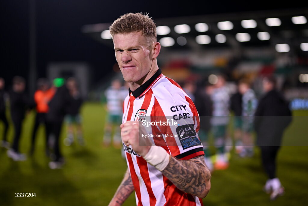 31 January 2026; James McClean of Derry City celebrates after the 2026 Men's President's Cup final match between Shamrock Rovers and Derry City at Tallaght Stadium in Dublin. Photo by Stephen McCarthy/Sportsfile