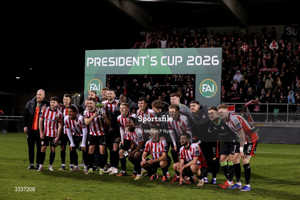 31 January 2026; Derry City players celebrate with the President's Cup after the 2026 Men's President's Cup final match between Shamrock Rovers and Derry City at Tallaght Stadium in Dublin. Photo by Michael P Ryan/Sportsfile