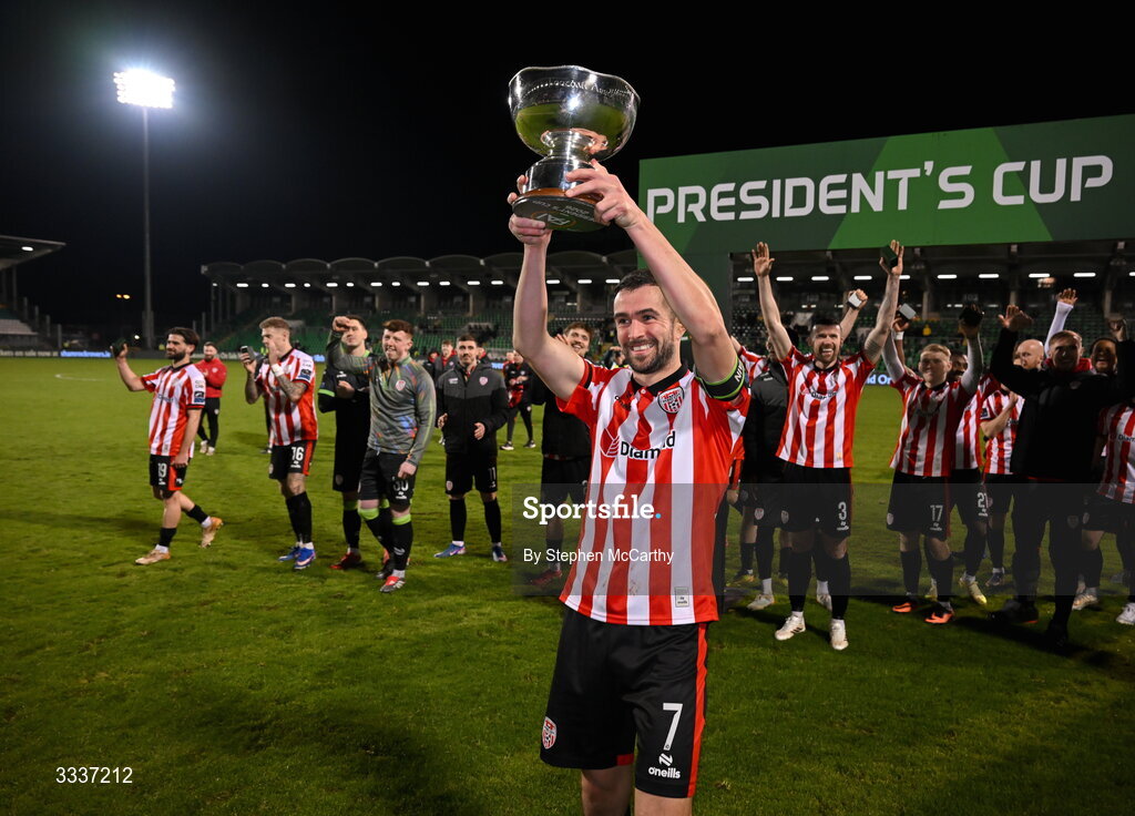 31 January 2026; Derry City captain Michael Duffy poses with the FAI President's Cup after the 2026 Men's President's Cup final match between Shamrock Rovers and Derry City at Tallaght Stadium in Dublin. Photo by Stephen McCarthy/Sportsfile