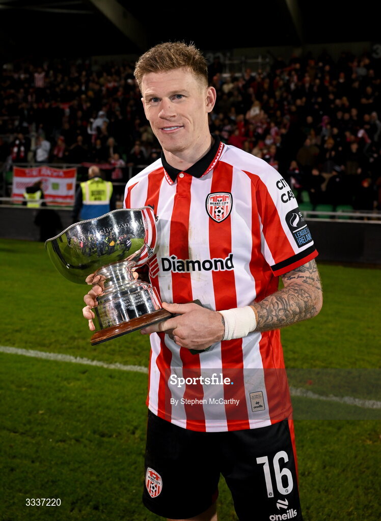 31 January 2026; James McClean of Derry City poses with the FAI President's Cup after victory in the 2026 Men's President's Cup final match between Shamrock Rovers and Derry City at Tallaght Stadium in Dublin. Photo by Stephen McCarthy/Sportsfile