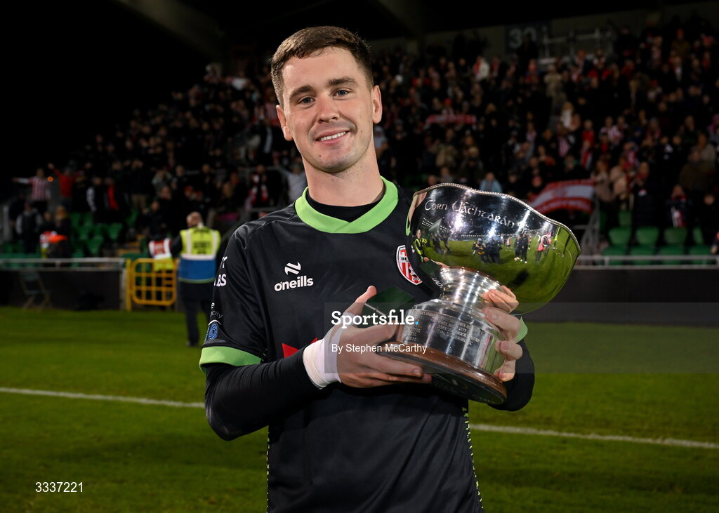 31 January 2026; Derry City goalkeeper Brian Maher poses with the FAI President's Cup after victory in the 2026 Men's President's Cup final match between Shamrock Rovers and Derry City at Tallaght Stadium in Dublin. Photo by Stephen McCarthy/Sportsfile