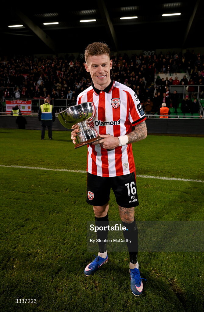 31 January 2026; James McClean of Derry City poses with the FAI President's Cup after victory in the 2026 Men's President's Cup final match between Shamrock Rovers and Derry City at Tallaght Stadium in Dublin. Photo by Stephen McCarthy/Sportsfile